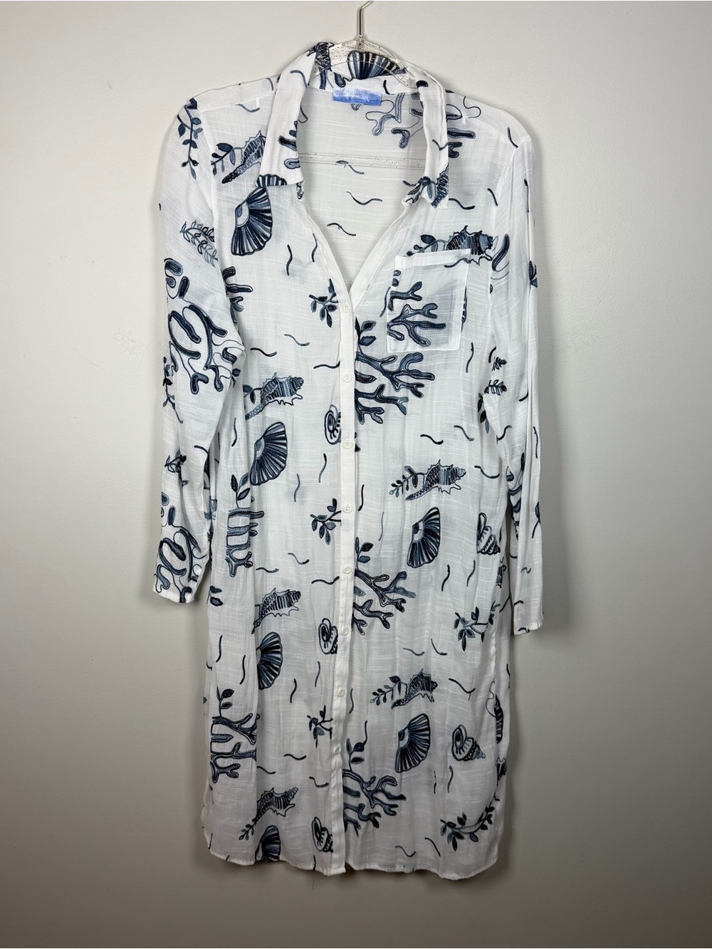 White Shell Coastal Embroidered Midi Button Swim Coverup Resortwear Medium